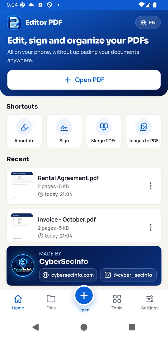 Editor PDF home screen