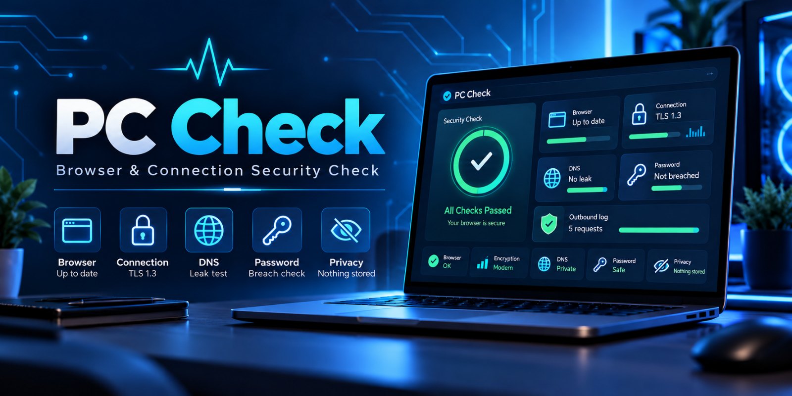 PC Check by CyberSecInfo: browser and connection security check — browser version, TLS 1.3, DNS leak test, password breach check, nothing stored